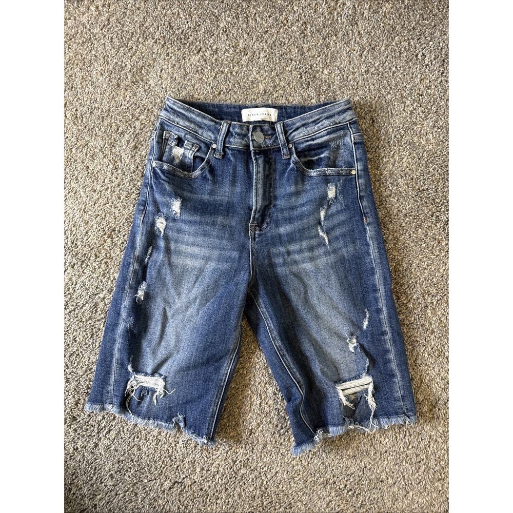 Risen Jeans Women's High Rise Straight Leg Distressed Shorts Inseam 10.5" Size S
